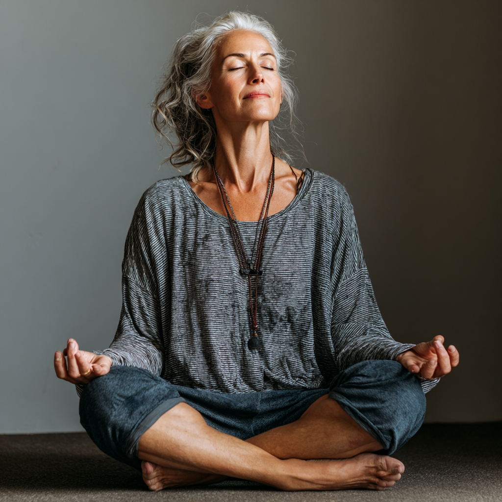 Experienced yoga practitioner in meditation pose, middle-aged woman finding inner peace