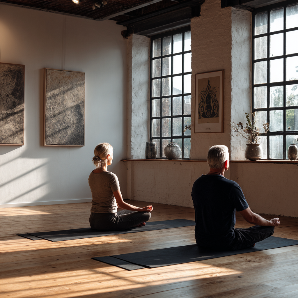 Peaceful yoga studio space with natural light, mature adults practicing mindful movement